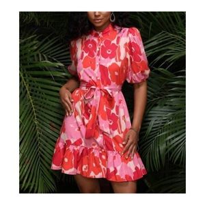 Aveloria Floral Print Puff Sleeve Ruffle
Hem Belted Shirt Dress
